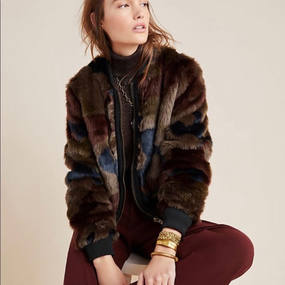 Marrakech Anthropologie Alyssa Faux Fur Green Camo Bomber Jacket Size L NWOT